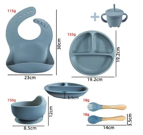 Conjunto Kit de Alimentação para Bebês de Silicone 8 Peças - Prato, Babador, Copo, Tigela e Talheres