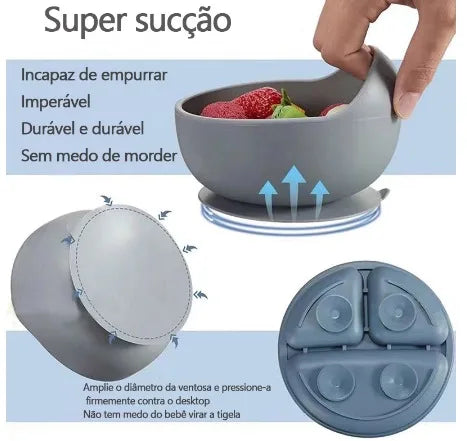 Conjunto Kit de Alimentação para Bebês de Silicone 8 Peças - Prato, Babador, Copo, Tigela e Talheres