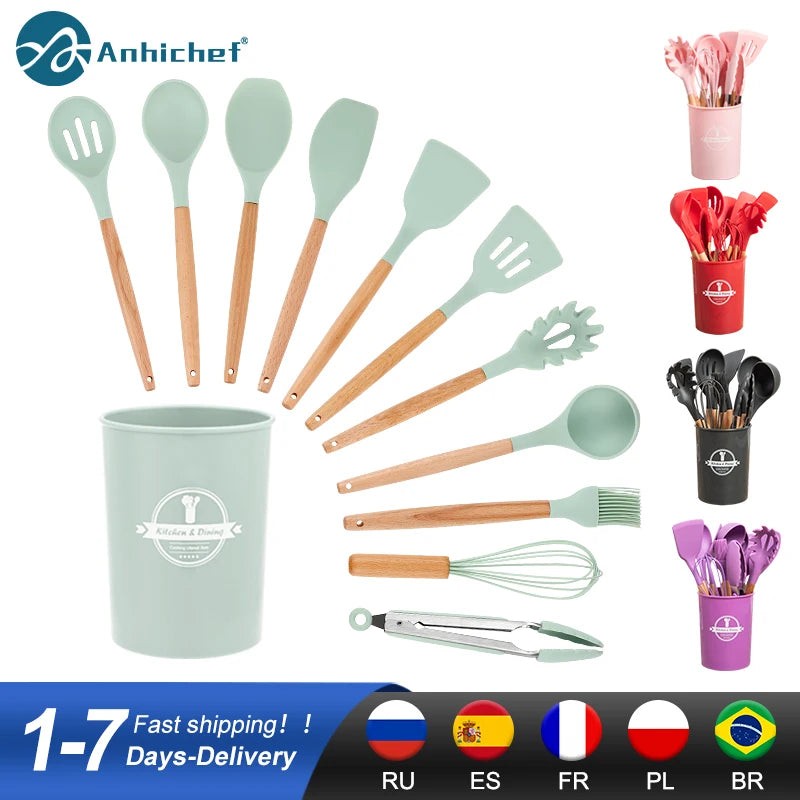 Conjunto de Utensílios de Cozinha de Silicone com Cabo de Madeira - Perfeito para Panelas Antiaderentes