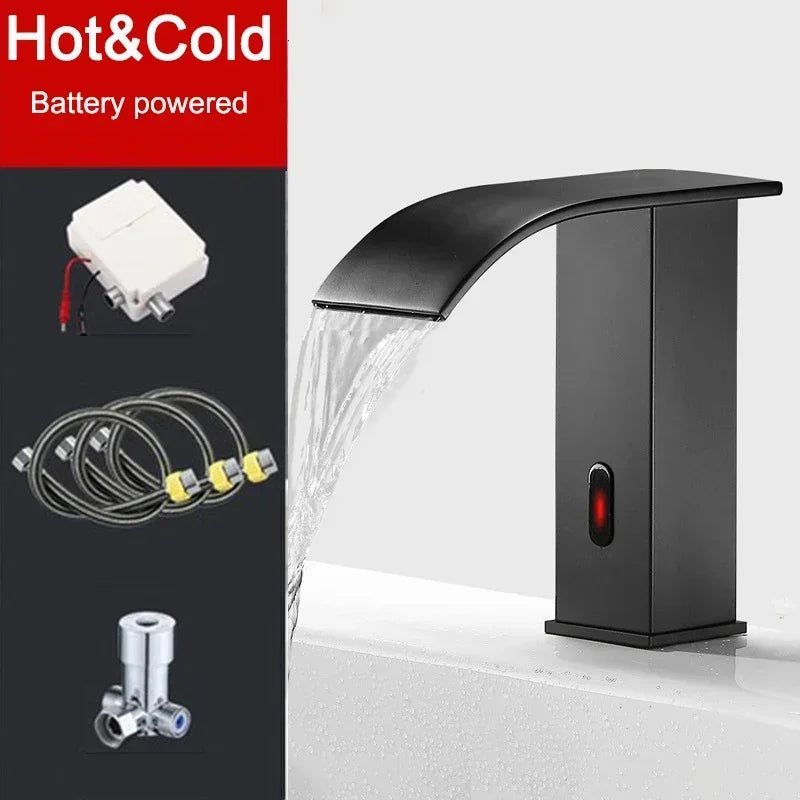 Bakicth preto sensor torneira da bacia do banheiro sensor automático watefall torneira touchless livre toque pia misturador de água quente e fria