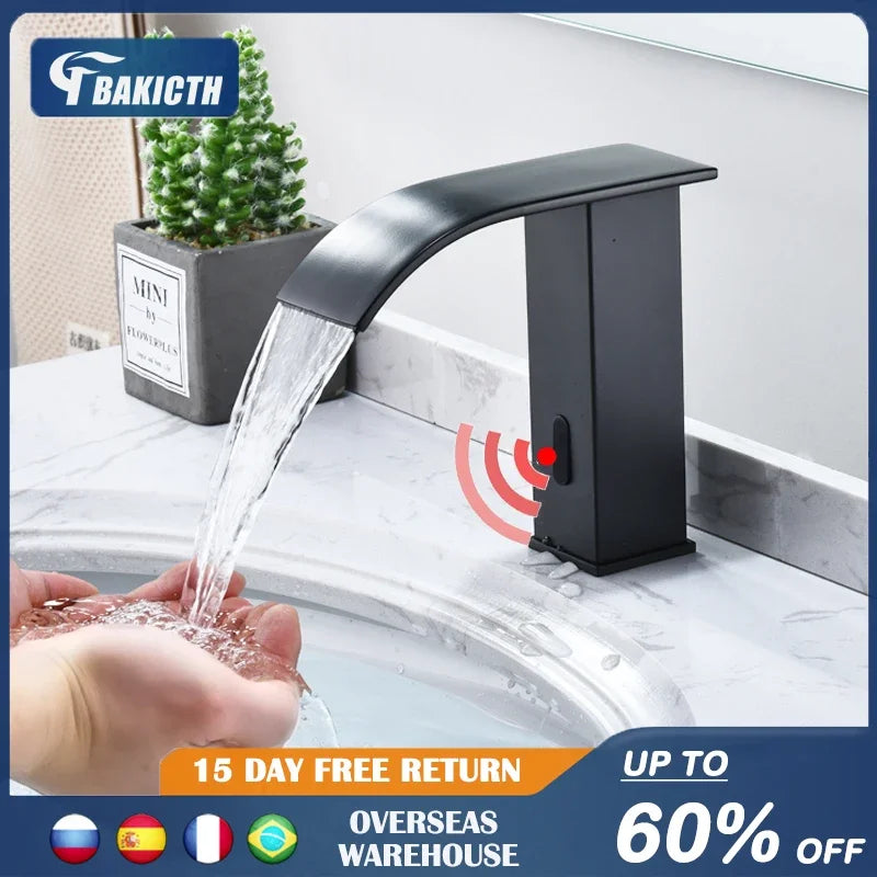 Bakicth preto sensor torneira da bacia do banheiro sensor automático watefall torneira touchless livre toque pia misturador de água quente e fria