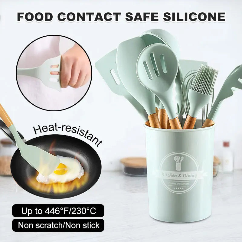 Conjunto de Utensílios de Cozinha de Silicone com Cabo de Madeira - Perfeito para Panelas Antiaderentes