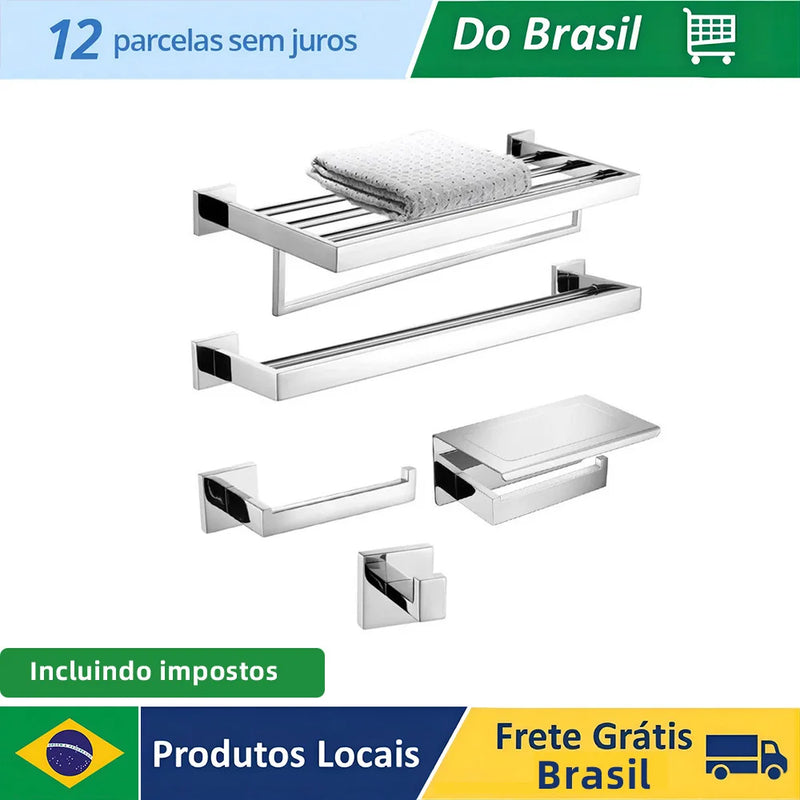 Conjunto de Acessórios para Banheiro em Aço Inoxidável - Cromado Polido