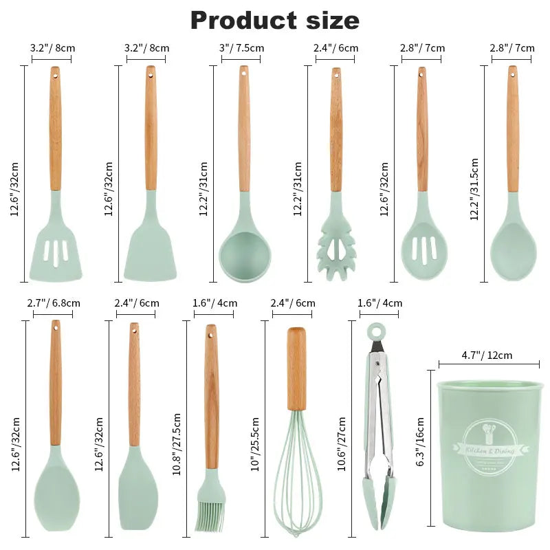 Conjunto de Utensílios de Cozinha de Silicone com Cabo de Madeira - Perfeito para Panelas Antiaderentes