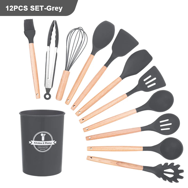 Conjunto de Utensílios de Cozinha de Silicone com Cabo de Madeira - Perfeito para Panelas Antiaderentes