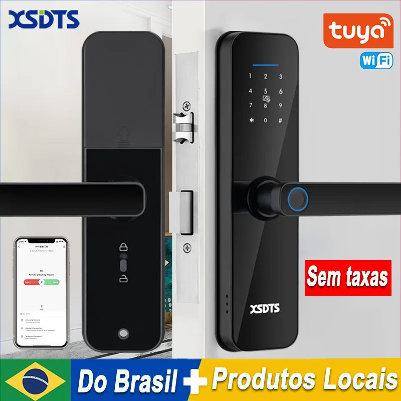 Fechadura inteligente eletrônica tuya wifi com impressão digital biométrica/cartão inteligente/senha/desbloqueio de chave/carga de emergência usb