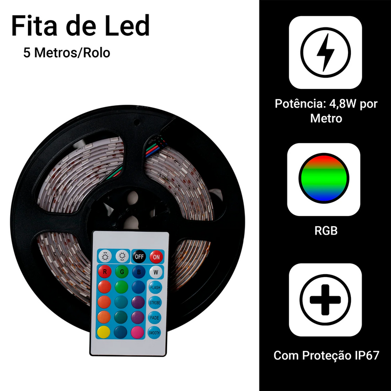 Fita LED RGB 5050 Rolo 5m IP65 + Controle + Fonte 12V Bivolt